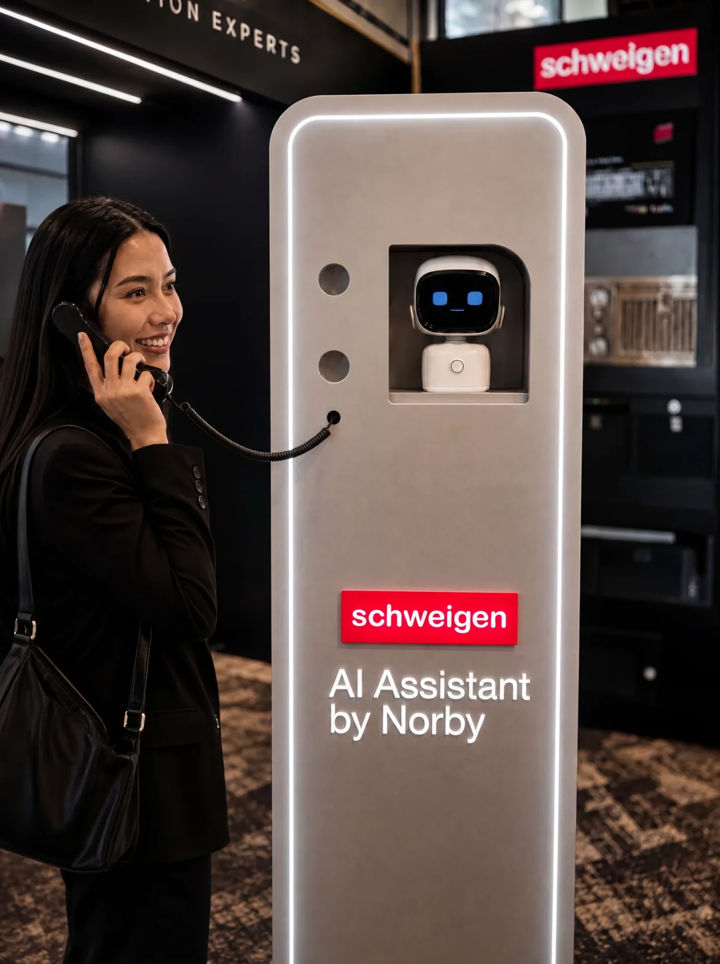 A customer holding the kiosk handset and speaking with Norby at the Schweigen stand